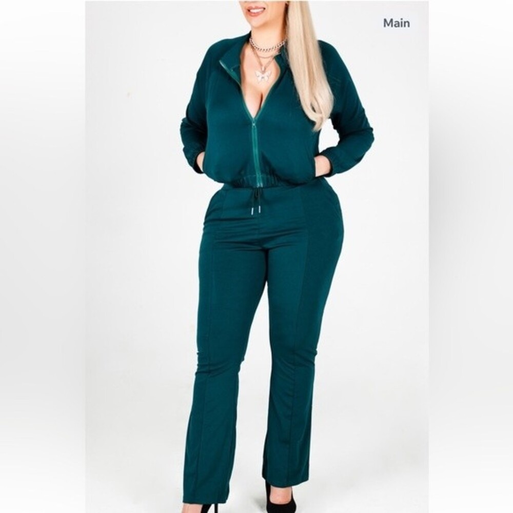 Teal Green Sweat Track Suit Stretch‎ Two Piece Sexy Casual pants Jacket Cute Y2k